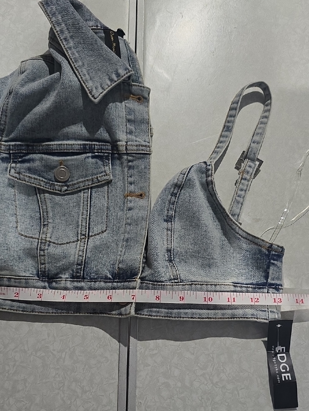 Edge Denim Asymmetric Cropped Jacket Top - Light Wash Blue NWT Size Small - Picture 16 of 16